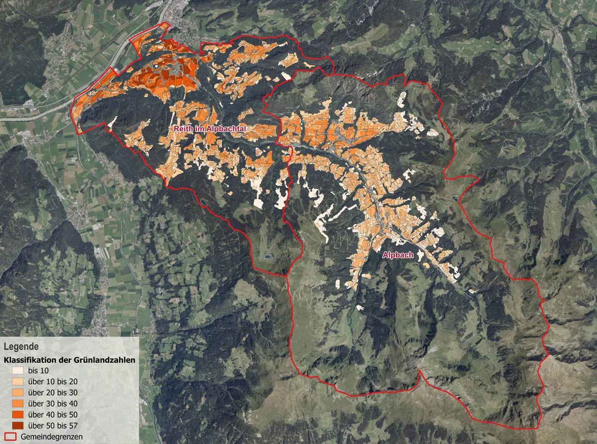 Klassifikation der Grünlandzahlen (Wertzahl 2) in den Gemeinden Reith im Alpbachtal und Alpbach. Die Grünlandzahl gibt Auskunft über die natürliche Ertragsfähigkeit des Standortes.
