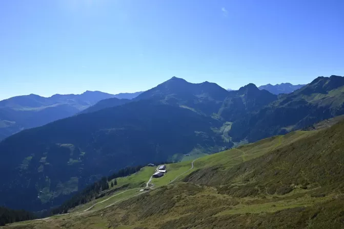 Blick auf die Wiedersberg-Alm und den Großen Galtenberg, Standort: südlich der Hornalm. Foto: 26.08.2025.